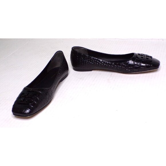 🆕TORY BURCH Croc Embossed Logo Ballet Flats Shoes Black 9 - Picture 4 of 10